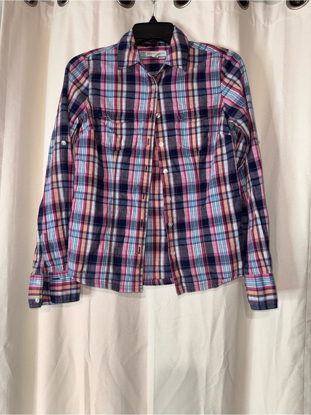 Aeropostale Plaid Button-Up Shirt in Pink, Blue & White